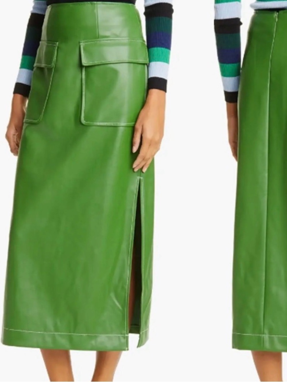 STAUD Bright Green Faux Leather Midi Skirt with Front Flap Pockets